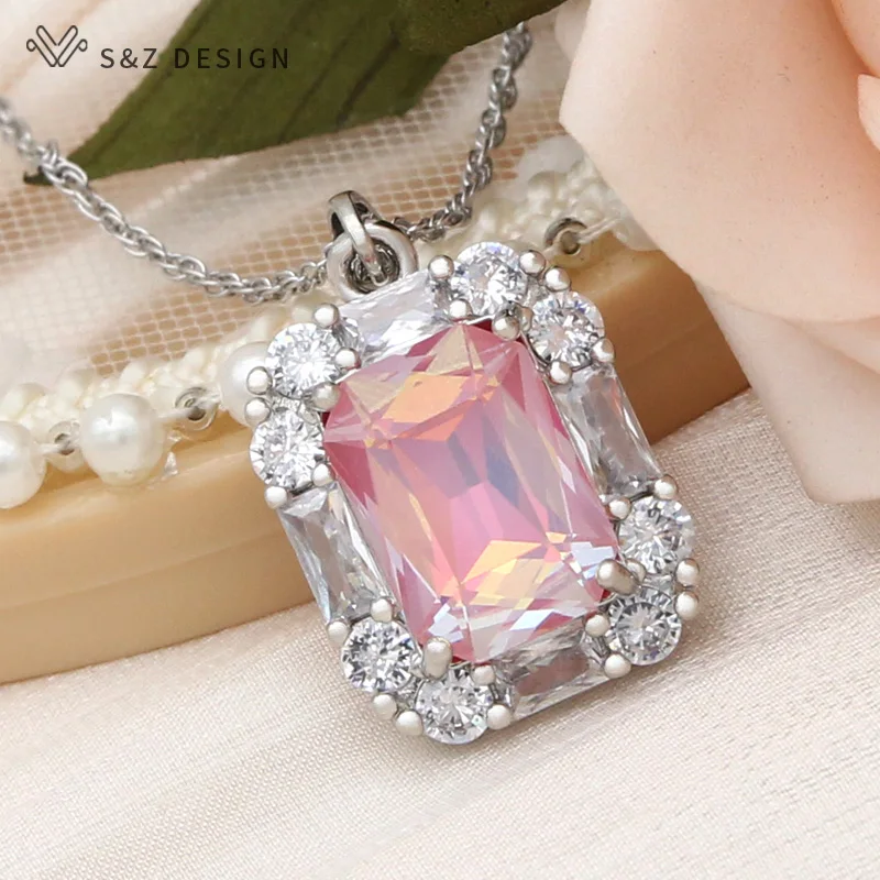 S&Z DESIGN New Fashion Rectangle Crystal Pendant Necklace For Women 585 Rose Gold Color Wedding Cubic Zirconia Jewelry Gift