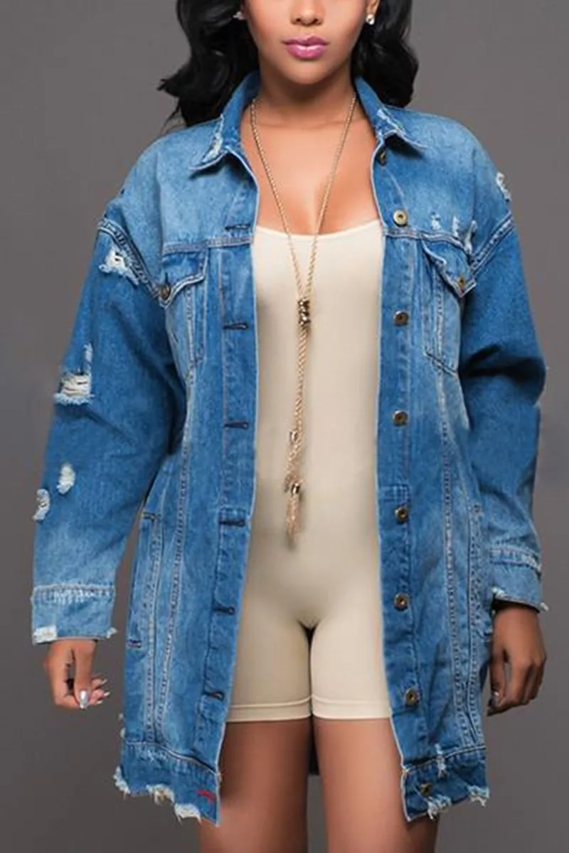 2024 New Stylish Women's Coats Denim Long Coat Jeans Coat Fashion Hole Jacket Female Loose Casual Streetwear Blue Outwear Long