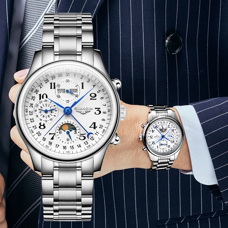 GUANQIN Multifunctional Mechanical Automation Men Watches Stainless Steel Waterproof Moon Phase Watch Sapphire Mirror Wristwatch Mechanical Watch