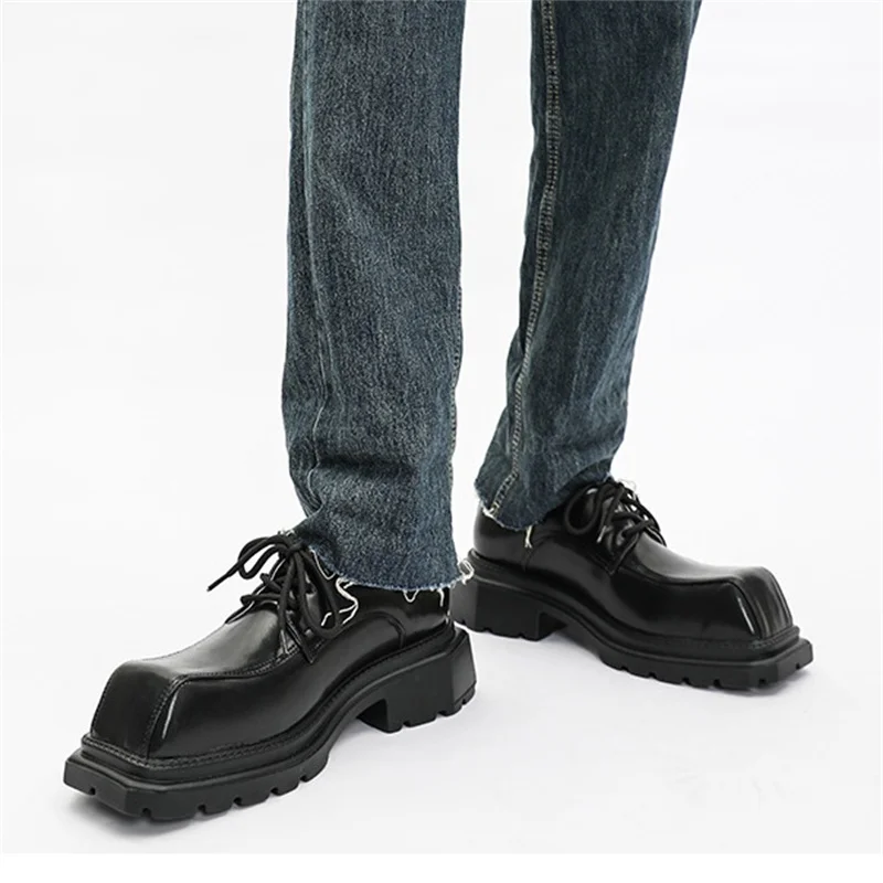 Men's Square Toe Leather Derby Shoes Women's Thick Sole Big Toe British Retro Lace Up Casual Leather Shoes for Gentlemen 4