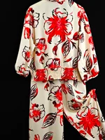 Women's Long Bottom Cross-Neck Suit, Bright  Fashion Flower Print Pattern, Waist-cinching Short Top, Plus Size, Spring  & Summer - Image 4