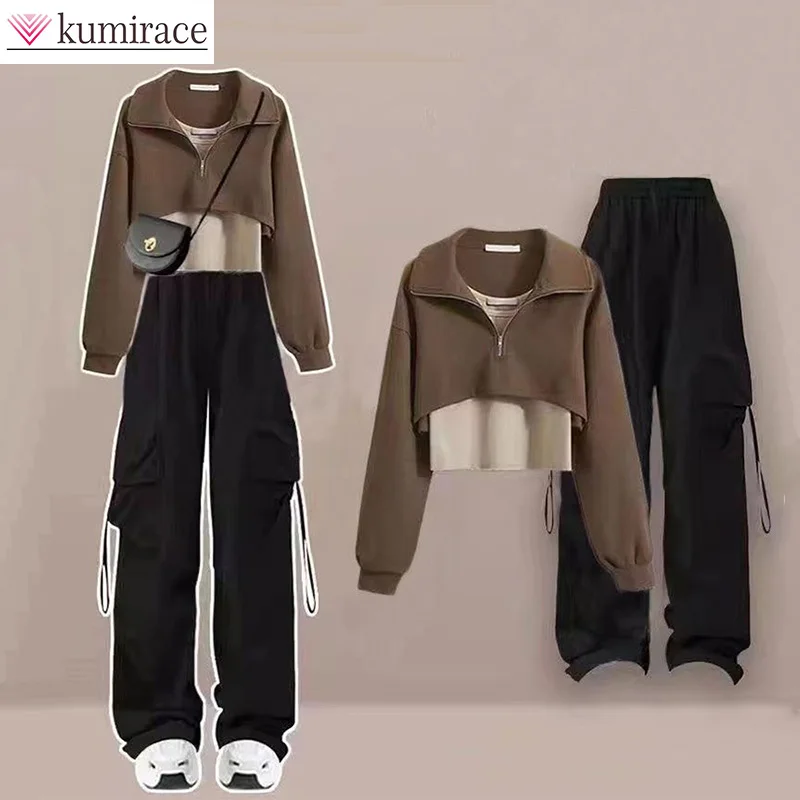 Autumn Set Female Student Korean Edition Two Piece Set Folding Sweater High Waist Wide Leg Pants Three Piece Set Winter Women's sink hidden lifting folding faucet invisible three purpose multi function water purifier cold and hot three in one