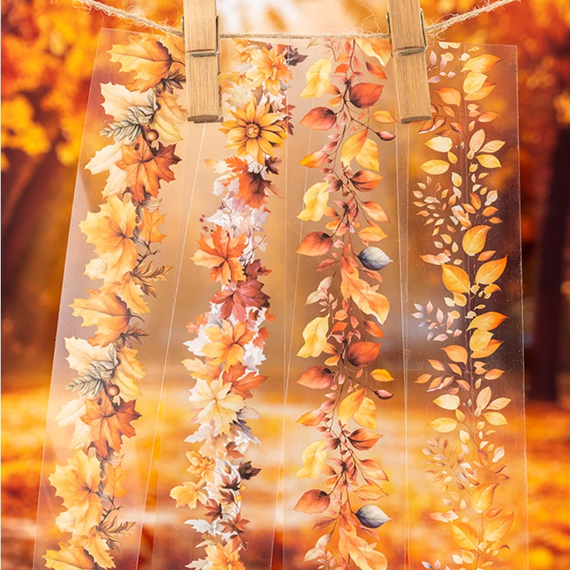 Mr. Paper 가을 가지 잎 테마 pet 테이프, 일기 스크랩북, 전화 케이스 콜라주 스티커 테이프, 4 가지 스타일, 200cm/롤