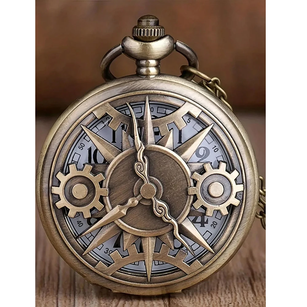 

Antique Steampunk Bronze Hollow Gear Movement Quartz Pocket Watch Pendant Gift With Chain Boys Men