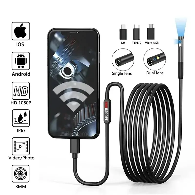 Inspection Camera Endoscope Inspection Camera 3 in 1 Micro USB/Type-C Mini Inspection Camera for IOS iPhone Waterproof Pipeline Borescope