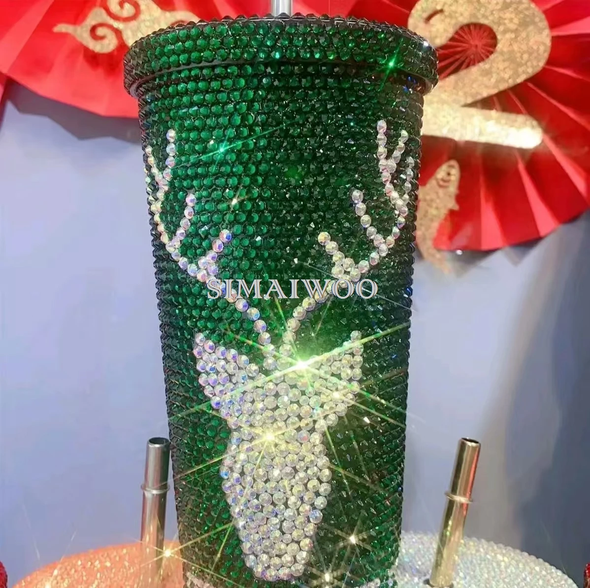 Bling Stroh Tasse handgemachte funkelnde Hirschhorn Druck Edelstahl 500ml Thermoskanne Vakuum Weihnachten rot grün Mosaik Kreuz stich – Detail 7