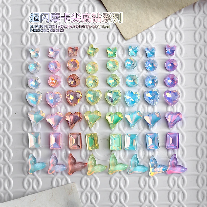 30Pcs Bright Mocha Colorful V Diamond Butterfly Fishtail Square Heart Crystal Nail Art Strass Decorazioni Ciondoli Per Manicure