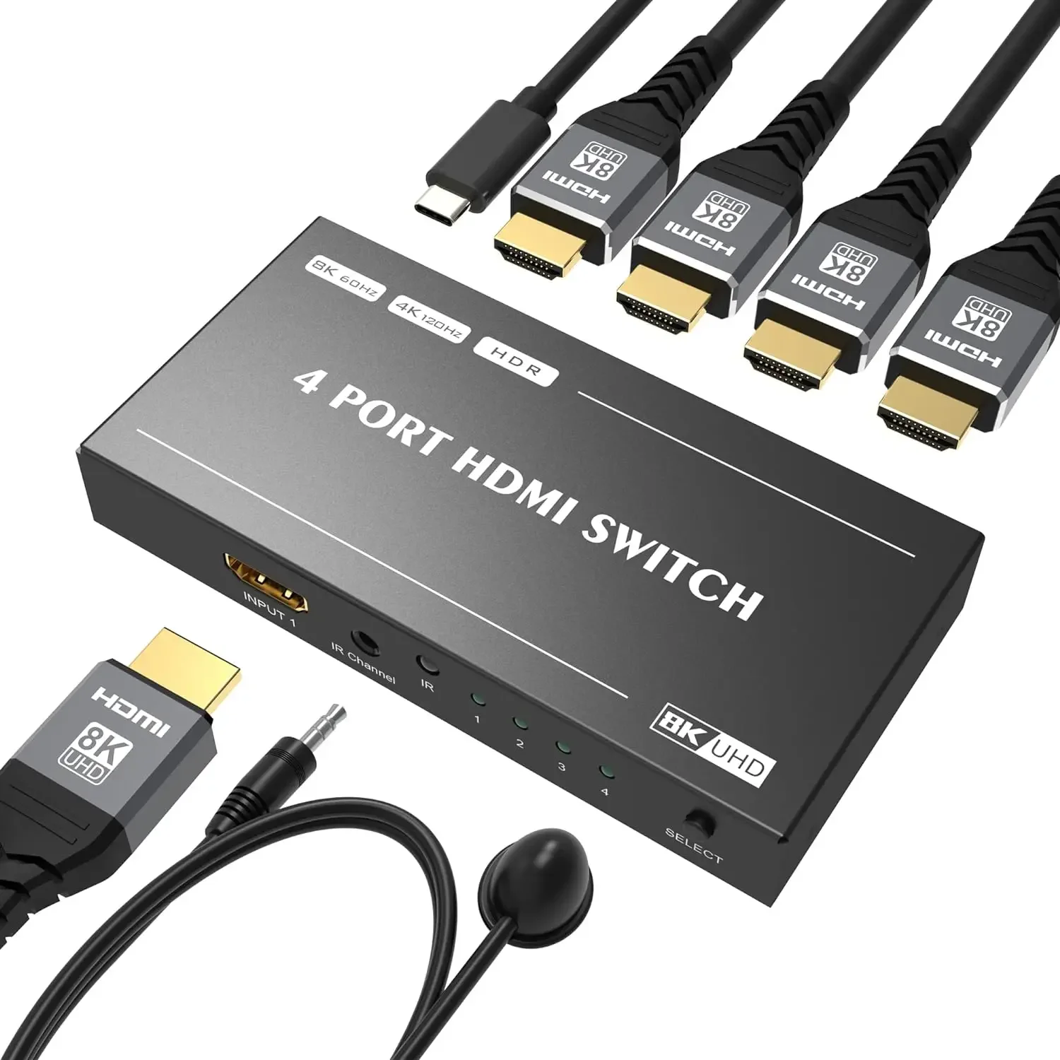 

8K HDR Φ направленный переключатель 4in 1out 8K60Hz 4K120Hz с ИК-пультом дистанционного управления совместим с Xbox x PS5