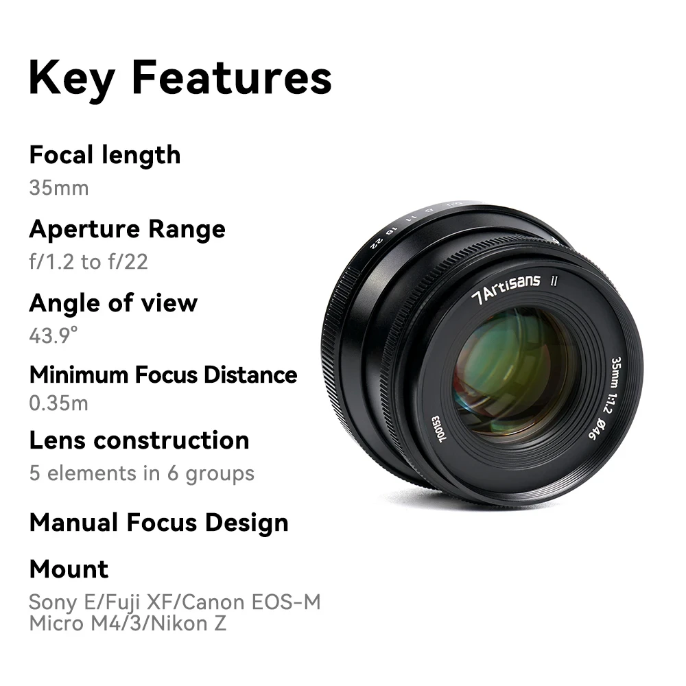 7artisans 35mm F1.2 Mark II APS-C 대구경 단렌즈, E, 후지 FX, 캐논 EF-M, M5, M6, M50, 니콘용 마이크로 4/3