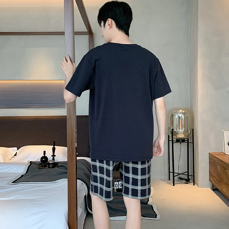 Plus Size M-4XL Men 100% Cotton Pajama Set Summer Short Sleeve Sleepwear Casual Plaid Pijamas