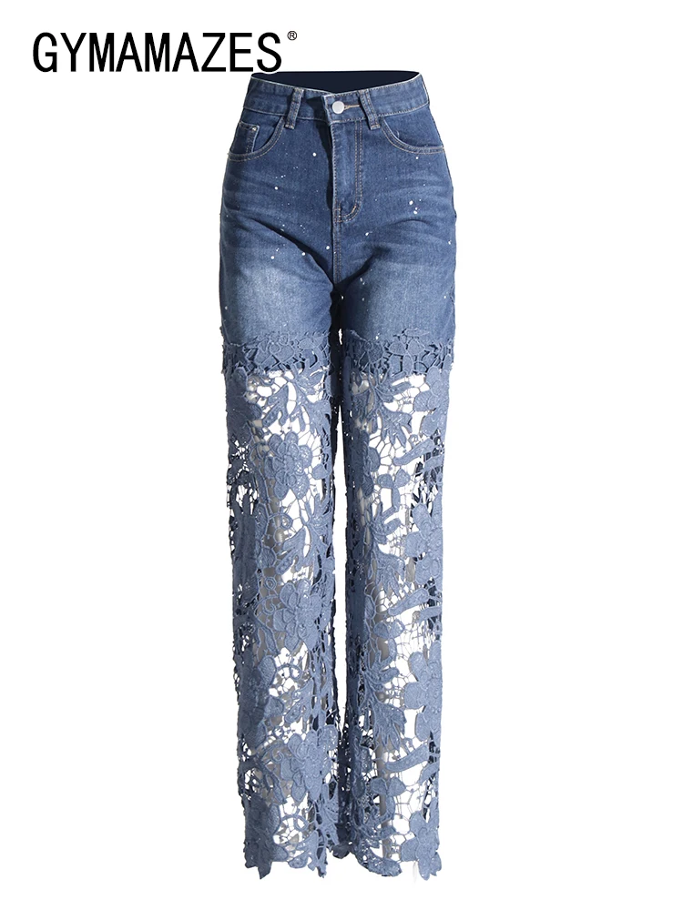 

GYMAMAZES Solid Hollow Out Denim Pant For Women High Waist Patchwork Pocket Temperament Full Length Jeans Female Fashion Style