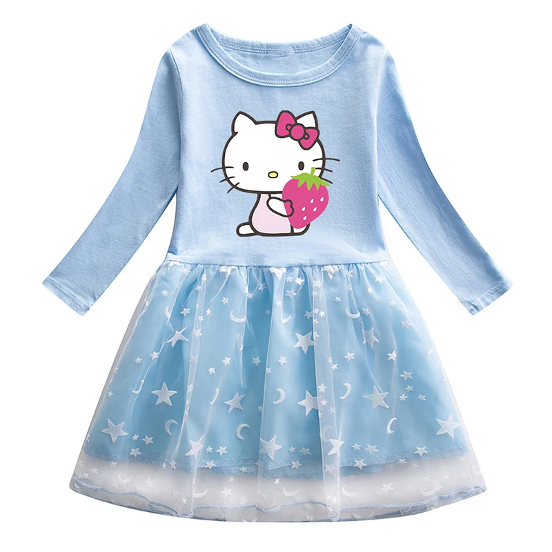 Autumn Children's Clothing Long Sleeve Kids Clothes Baby Girls HELLO KITTY Vestidos Toddler Princess Cartoon Mesh Dress