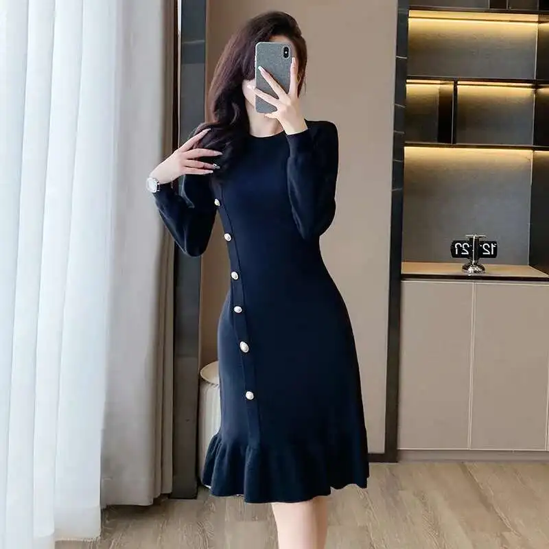 chinese dress ladies Suvoiier Women A-Line Knit Dress Women Long Sleeve Slim Waist Basic Sweater  Dresses Womens Bottom Solid Dresses LAN se M at Amazon Women's Clothing  store