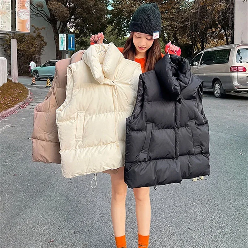 Winter Cotton-padded Vest Women Warm Coat Stand-up Collar Zipper Sleeveless Jacket Overcoat Loose Drawstring Waistcoat Vest Coat