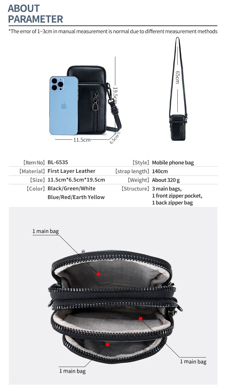 Lightweight Crossbody Messenger Bag, Women's Cow Leather Small Shoulder Purse, Multi Compartment Pocket, Vertical Phone Bag 4