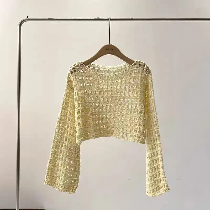 Spring and summer new French short long-sleeved hollow knitted sweater women's design sense thin sunscreen blouse top