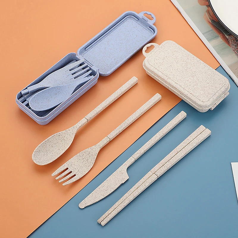 Portable Foldable Wheat Straw Fork Cutlery Set Chopsticks With Box Travel Kitchen Accessories