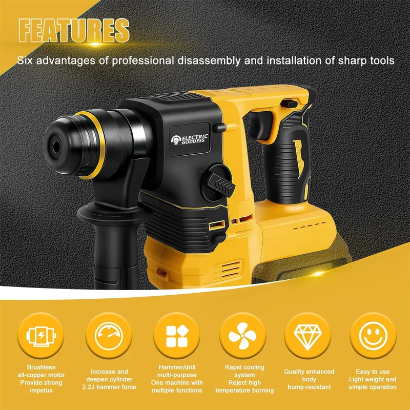 Electric Hammer Drill Electric Goddess Brushless Electric Hammer Drill Multifunctional Cordless for Dewalt 20V Battery