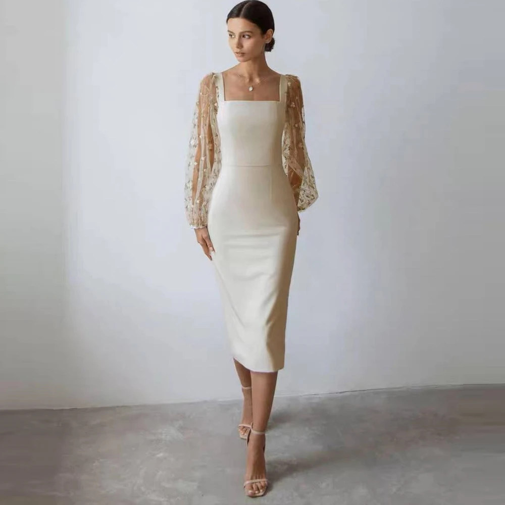 

Qcenkern Square Neck Puff Sleeves Evening Formal Dress Elegant Satin Appliques Party Dresses Gowns Women Robes de Soirée 2023