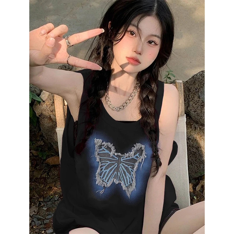 

American Vintage Patch Butterfly Leisure Women's Loose Couple Bottom Sweetheart Tank Top Sleeveless Top Women Fashion