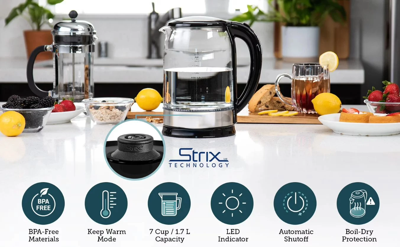 Speed-Boil Water Electric Kettle, 1.7L 1500W, Coffee & Tea Kettle  Borosilicate Glass, Wide Opening, Auto Shut-Off, Cool Touch Handle, LED  Light. 360 Rotation, Boil Dry Protection 