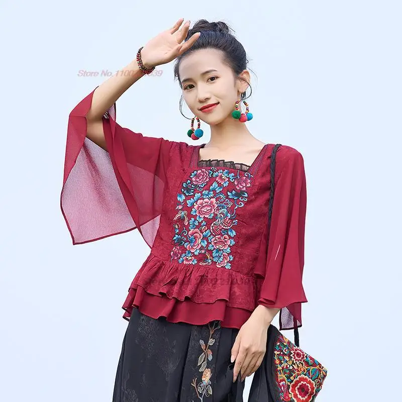 2024 chinese vintage blouse national flower embroidery jacquard patchwork mesh sleeve blouse traditional oriental folk blouse mens dragon sea wave floral print oriental short sleeve t shirt l white