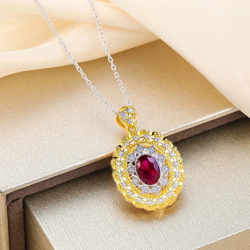 

New 925 Italian Craft Palace Style 6 * 8 Pigeon Blood Ruby Necklace Pendant for Women