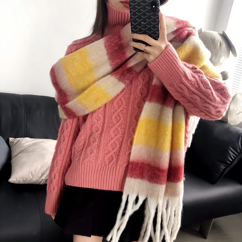Winter Plaid Cashmere Scarf Fall Shawl Korean Style Gradient Scarves Blanket Scarf without Tag printed scarf cashmere scarf gradient scarf
