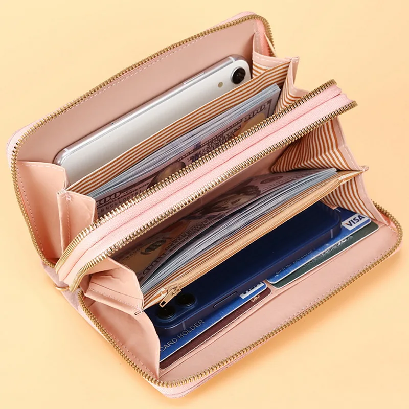 Tanie Podwójne długi portfel z zamkiem dla kobiet proste damskie portmonetki posiadacz karty sklep