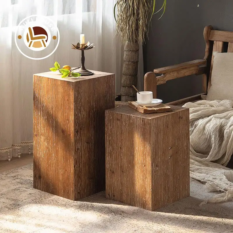 Retro Living Room Sofa Corner Table Solid Wood Small Square Table Wabi-sabi Style Coffee Wooden Pier Ornaments