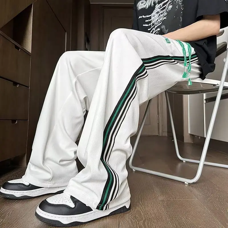 Summer New Men's Fashionable Trousers Casual Elastic Drawstring Pockets Striped Drooping Sensation Straight Wide Leg Pants