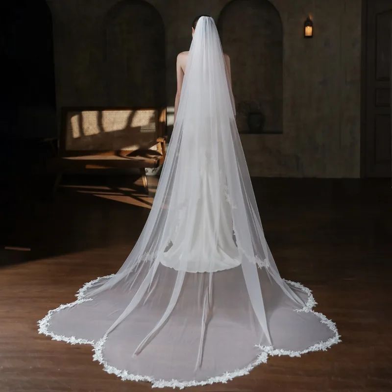 

Wedding Accessories Long Bridal Veil Simple Double Layer Wedding Headdress with Floral Border and Tail Veils
