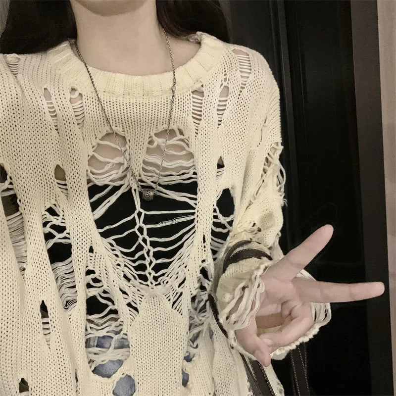 

Женский трикотажный свитер с вырезами, винтажный Свободный пуловер с длинным рукавом в стиле Харадзюку, трикотажный свитер в стиле High Street, V1347