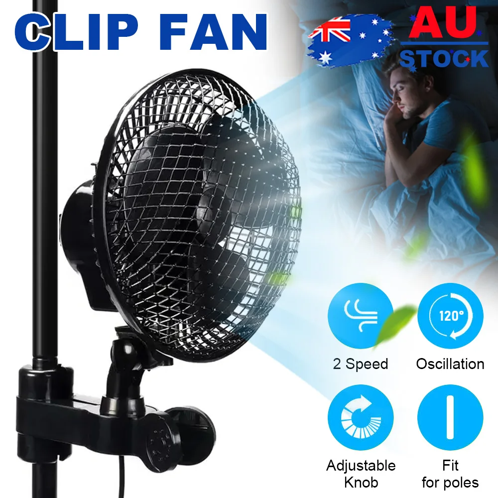 2 Speed Clip Desk Fan 160mm Quiet Vertical 6" Oscillating Fan Fit Grow Tent Pole