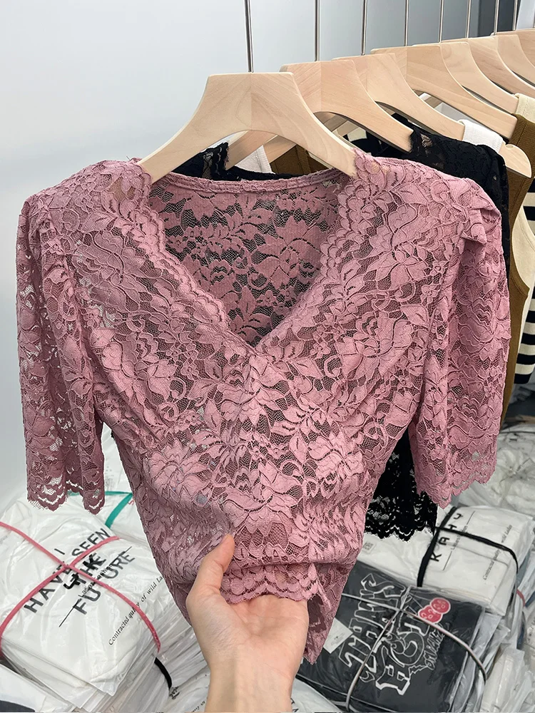 

Women's T-Shirt Korean Girl Y2k Lace Pink T-Shirt Clothes For Summer Fashion Vintage Sexy Hollow Out Short Sleeve Top T Shirts