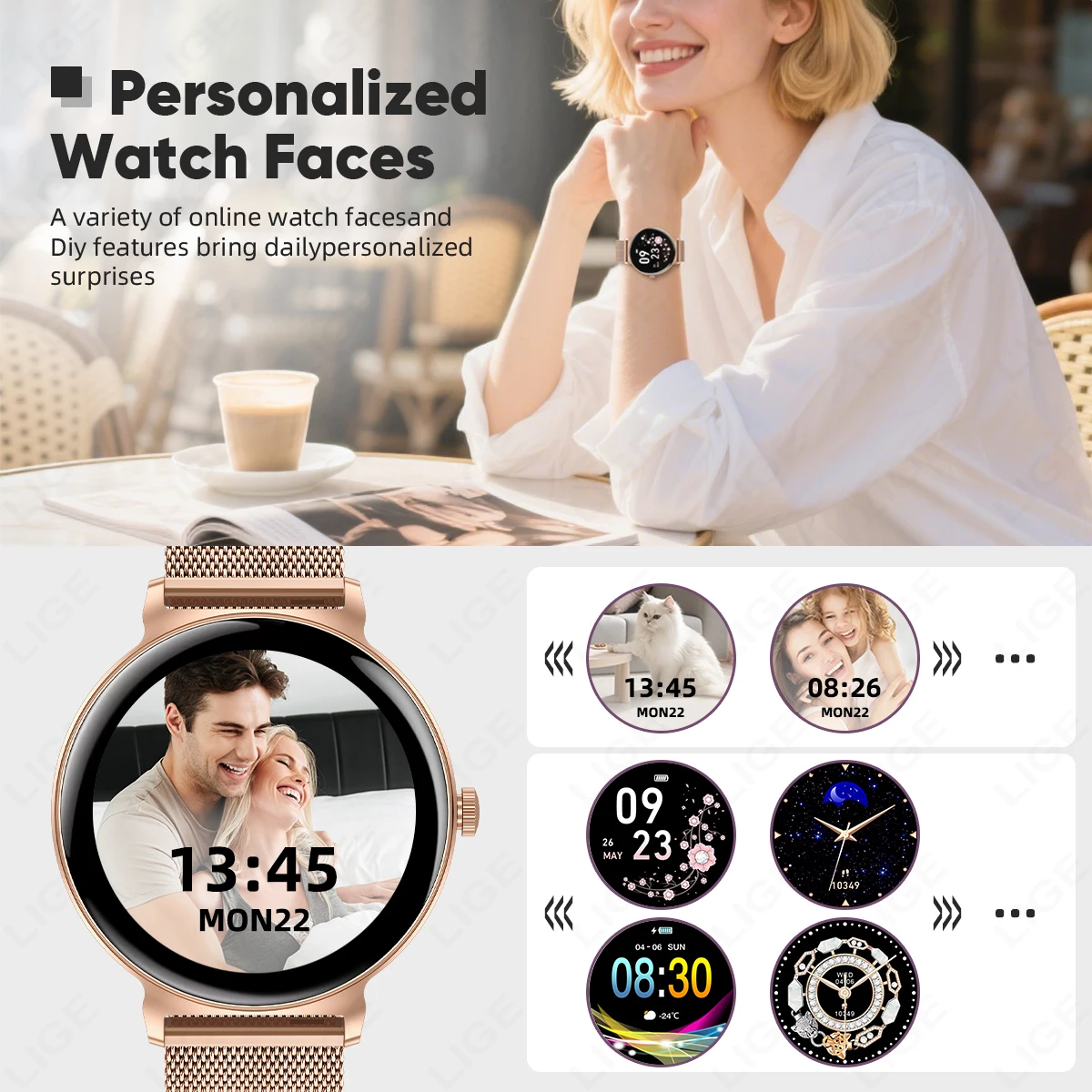 LIGE Ultra-thin Smart Watch Women Custom Dial Sport Heart Rate Health Tracking Watch Bluetooth Call Waterproof Ladies Smartwatch