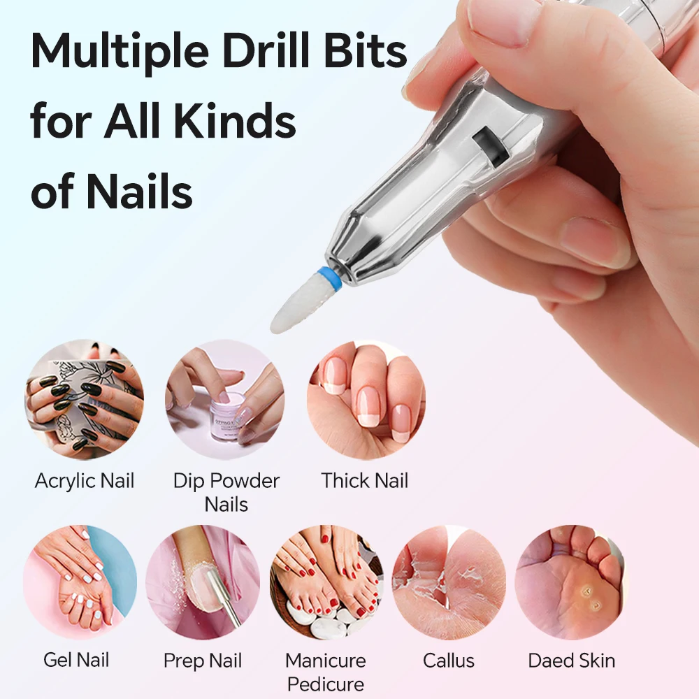 Electric Nail Drill File Professional, Rechargeable Nail File Machine Kit with Bits Kit for Acrylic Gel Nails Polishing Removing