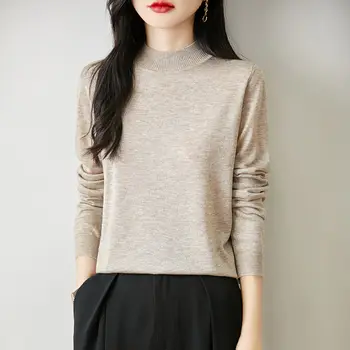 2025 الخريف الشتاء المرأة سترة دافئة لينة ضئيلة طويلة الأكمام الصوف بسيط قاعدة طبقة متماسكة الياقة المدورة البلوز المرأة قمة صلب