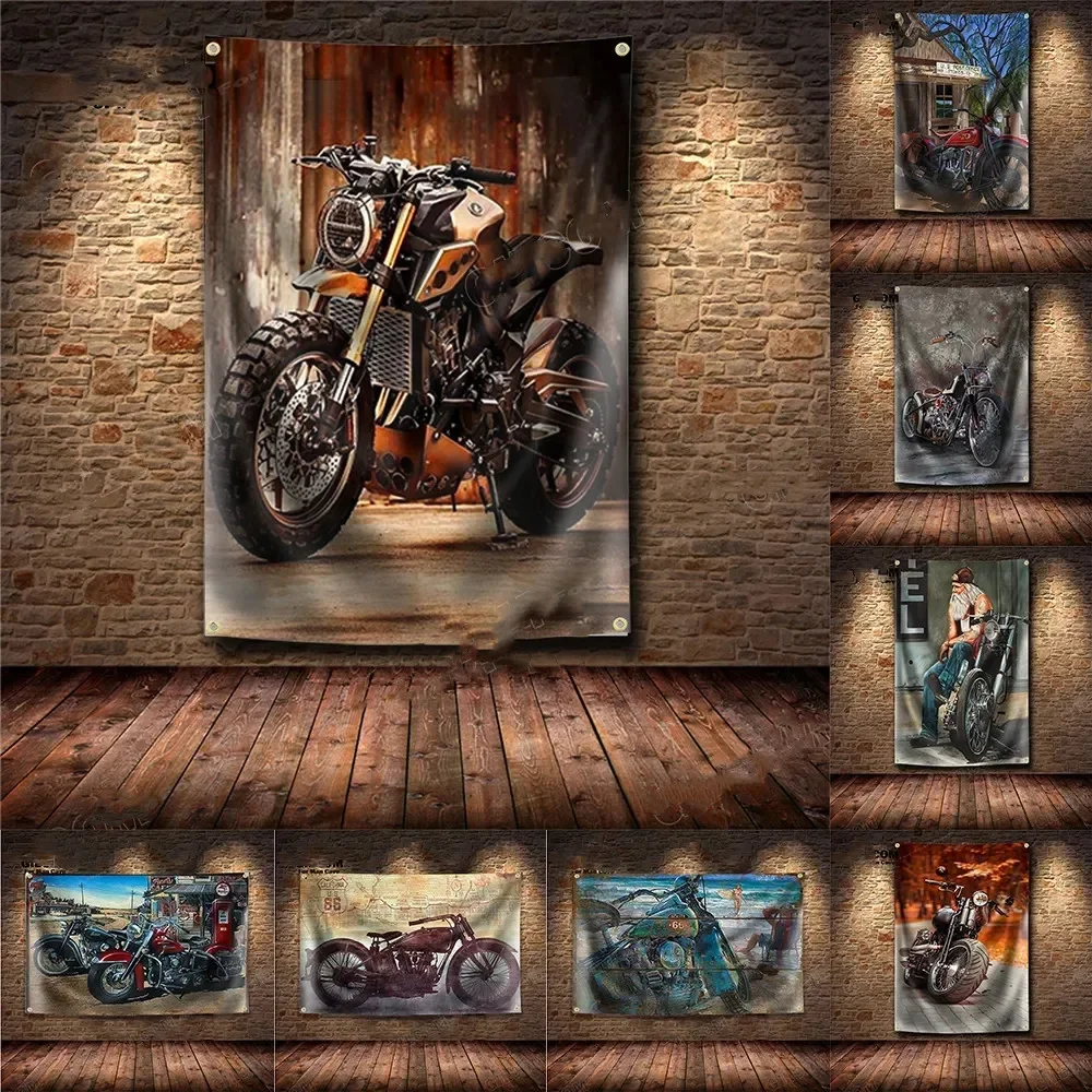 Retro Banner Motocyklowy Flaga Samochodów Pojazd Silnikowy Plakat Na Ścianę Wystrój Szyld Do Malowania Samochodu Garaż Człowiek Jaskinia Naklejka Deko