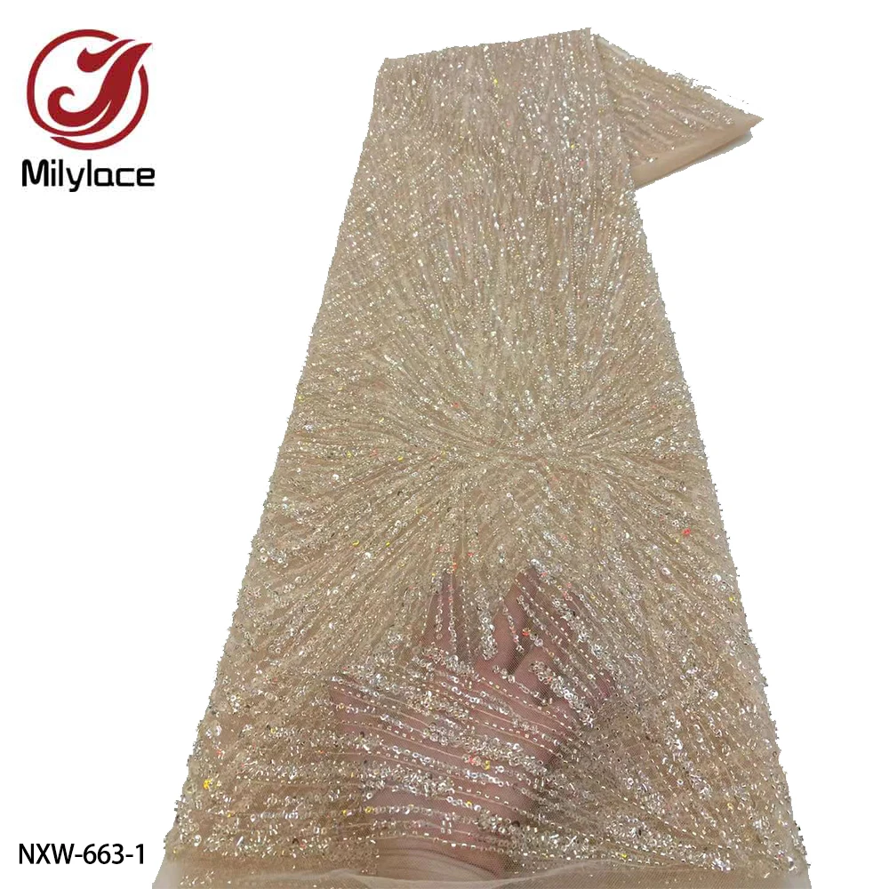 

Luxury African Heavy Beaded Lace Fabric High Quality 5 Yards Nigerian Sequins Tulle Lace Material for Wedding NXW-663