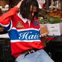 Polo pour homme, style Harajuku Y2K, streetwear, rayé, contrasté, polo de rugby à manches longues, broderie Haïti, coupe ample, décontracté, unisexe, tendance 4