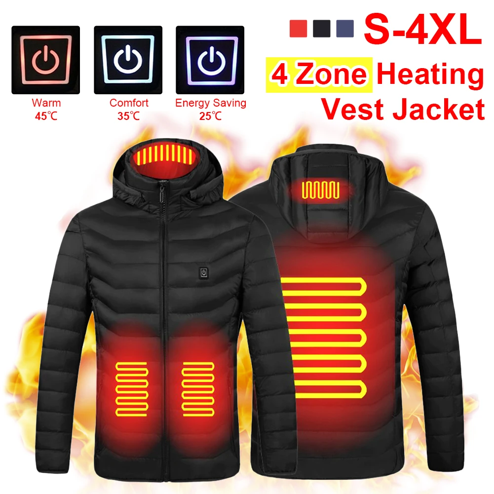 

4 Areas Heated Jackets Vest Down Cotton Mens Women Outdoor Coat USB Electric Heating Hooded Jackets Warm Winter Thermal Coat