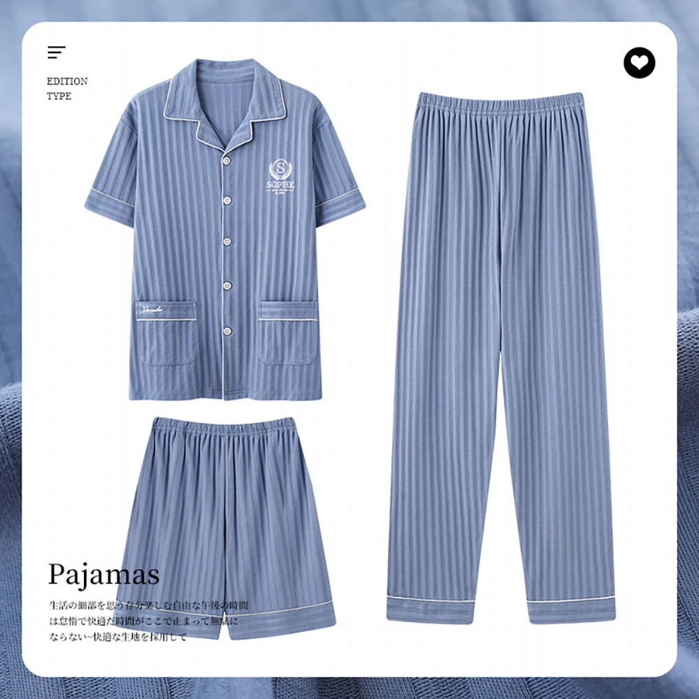 

5XL Big Size Pajamas Men's Sets 3pcs Casual Modal Striped Short Sleeve Sleepwear+Summer Elastic Shorts+Long Pajama Man Pants