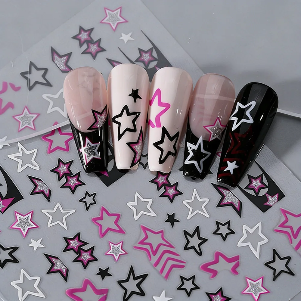 1/3Pcs Y2K 핑크 블랙 할로우 스타 네일 스티커 골드 실버 불규칙 라인 펜..