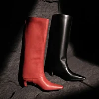 New Red Black Sheepskin Back Zipper Knee High Boots European American Square Headed Sexy 5.5cm High-heel Women Boots Size 34-41 - Image 6