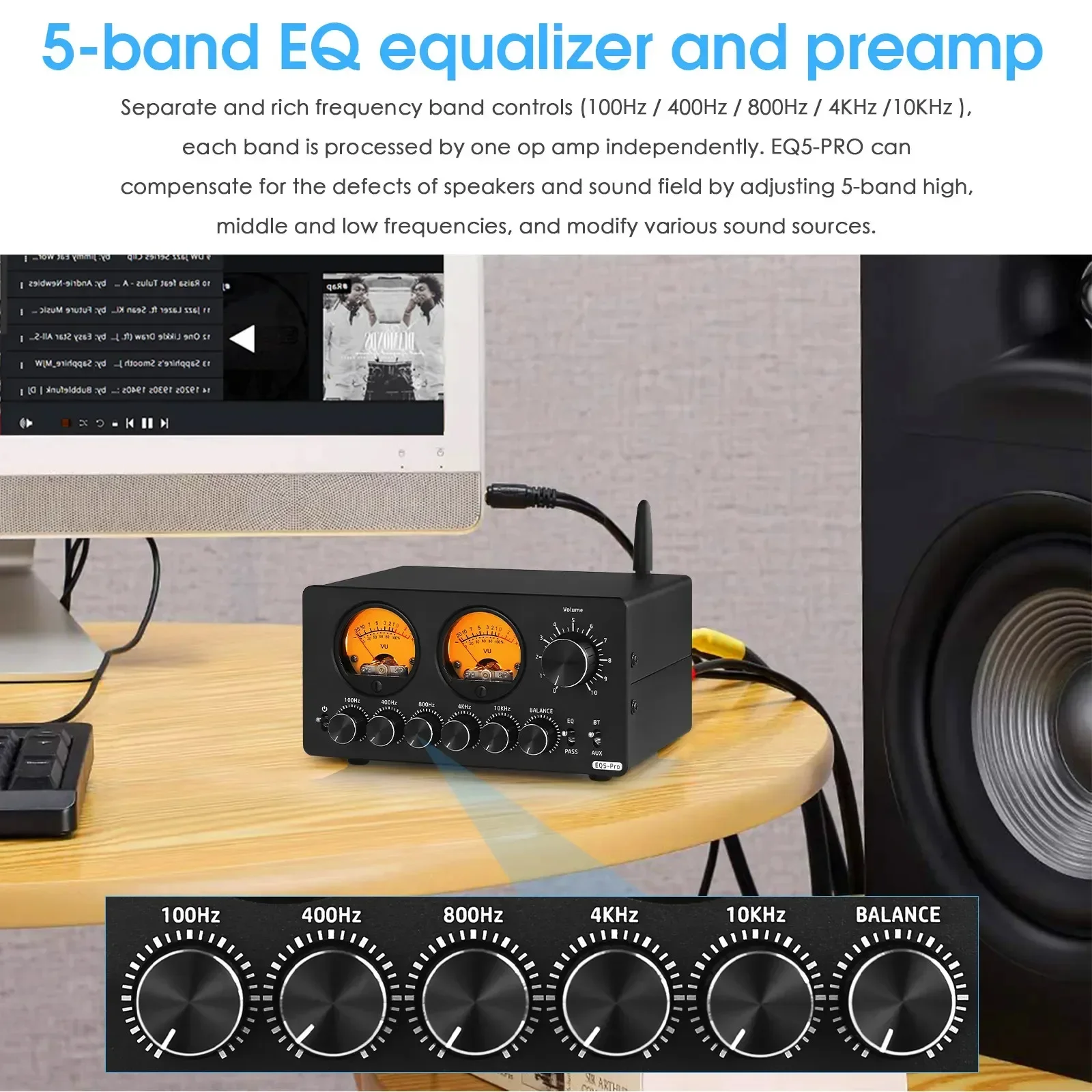 Bluetooth Audio Processor EQ5 PRO 5-Band Preamp EQ Equalizer 3.5mm AUX Analog for Speaker/Amplifier with VU Meter