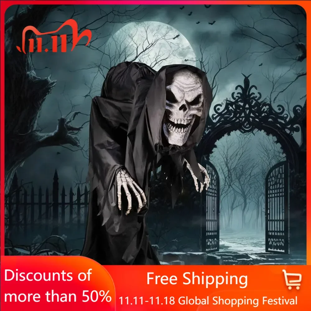 Halloween Haunted Hill Farm Soul Sucker Demon Reaper with Child By Tekky, Motion-Activated Talking,Halloween Decorations