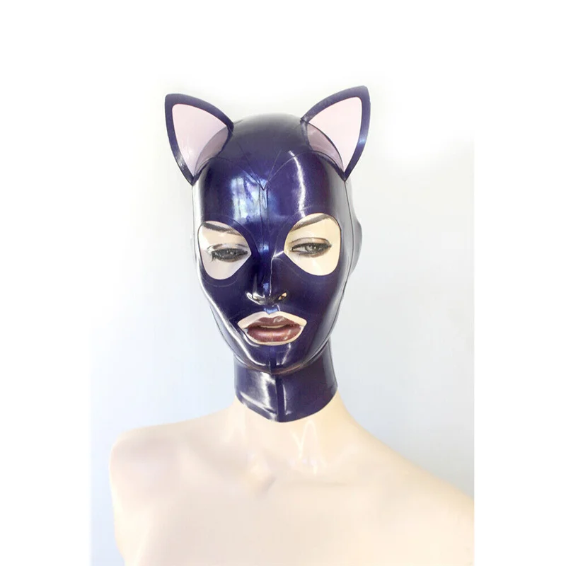 

Unisex Purple Latex Hood Cat Ear Rubber Catsuit Bodysuit Hood Cosplay Mask