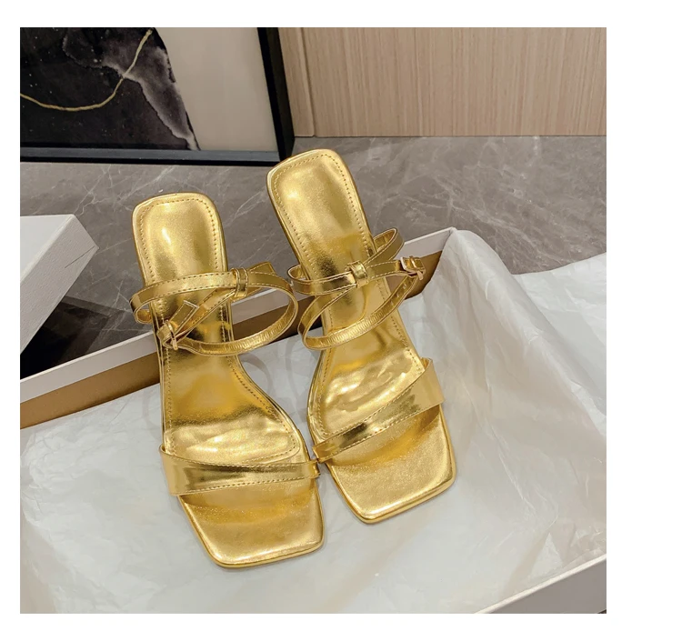 Sexy Strange Style High Heels Women Sandals Summer Gold Silver Square Toe Buckle Strap Banquet Dress Female Shoes