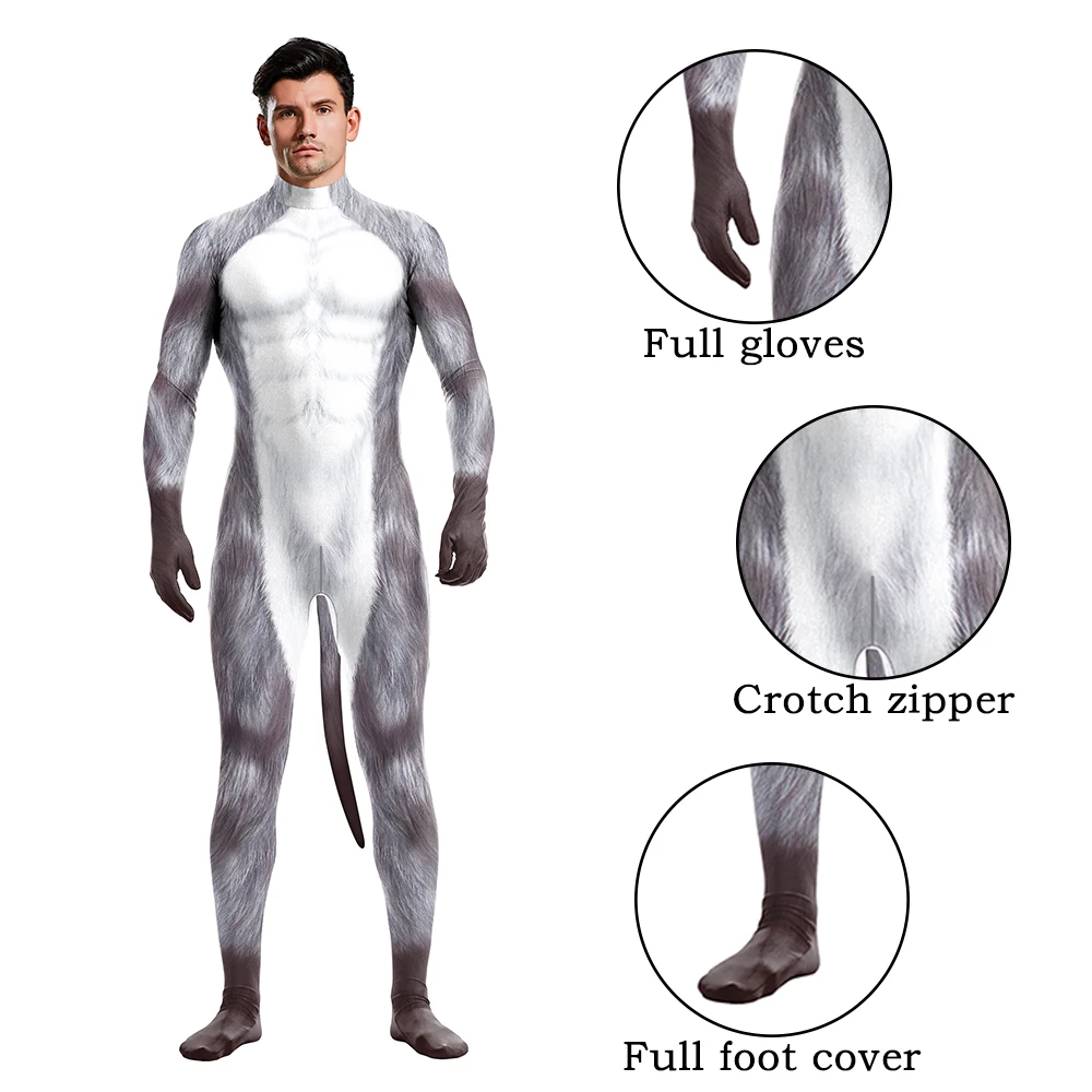 thumbnail image 1 of Trajes de Halloween de Zawaland Zentai con cola de animal Husky zorro lobo estampado Catsuit disfraces traje de cobertura completa Cosplay Petsuit, 1 of 5